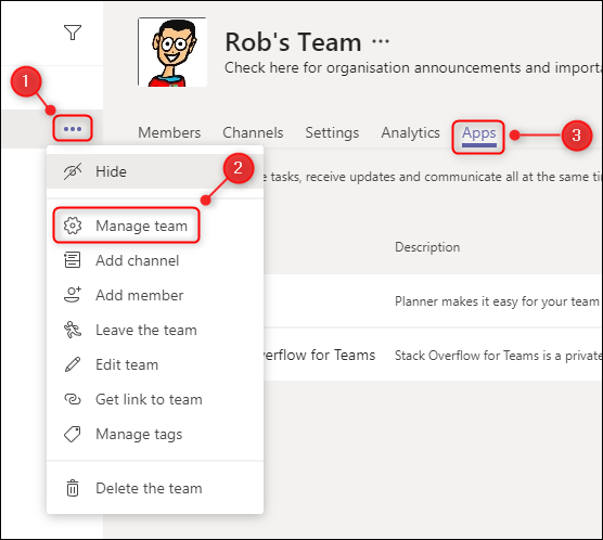 Klicken Sie auf die Auslassungspunkte, wählen Sie "Team verwalten," und dann klick "Apps."