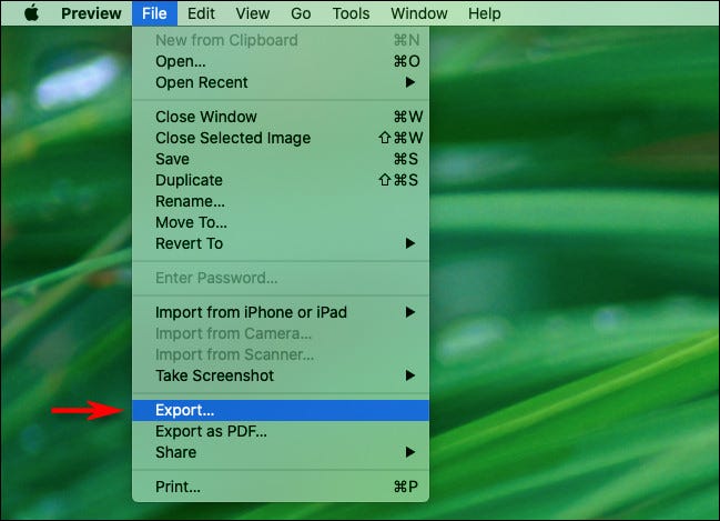 Wählen Sie in der Vorschau auf dem Mac "Export" von dem "Datei" Speisekarte.