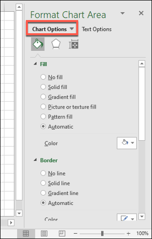 Die "Diagrammoptionen" Abschnitt der "Diagrammbereich formatieren" Menü, mit dem Sie weitere Formatierungsänderungen an einem Excel-Diagramm vornehmen können
