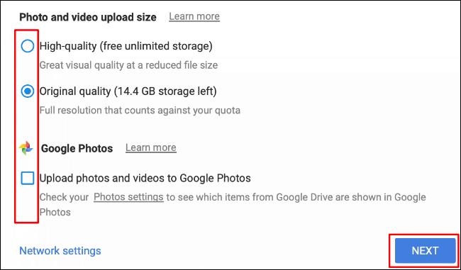Wählen Sie die Größe Ihres Foto- und Video-Uploads und ob Sie auf Google Fotos hochladen möchten, und klicken Sie dann auf Weiter