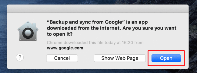 Klicken Sie auf Öffnen, damit Backup and Sync von Google Drive auf Ihrem Mac gestartet werden kann